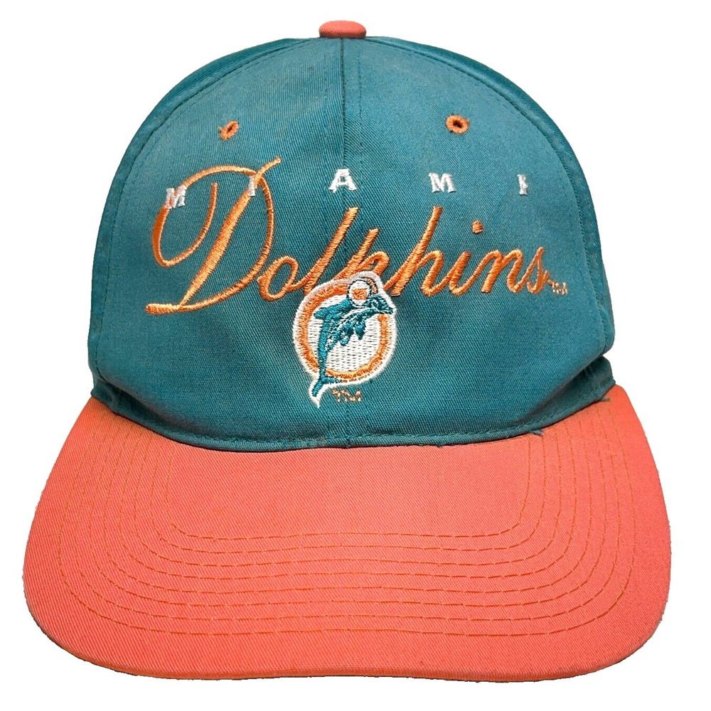 Vintage Miami Dolphins Hat Cap Snap Back Blue Orange Teal Script 90s Retro NFL